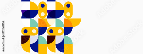 Abstract geometric shapes, vibrant colors, modern design. Composition features curves, circles, rectangles, overlapping forms. Minimalist aesthetic.