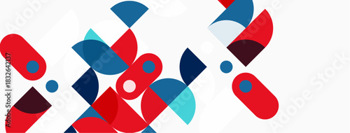 Abstract geometric shapes overlap, creating vibrant composition. Red, blue, teal dominate white background. Modern design elements present.