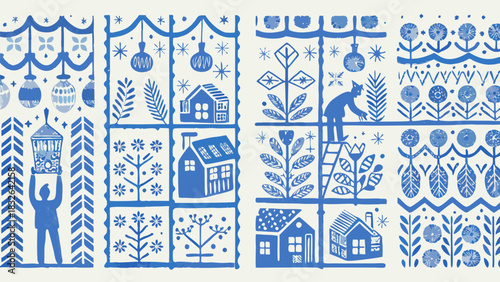 Charming folk art design evokes holiday cheer, sweet homes, and hand crafted artistry with a vintage feel
