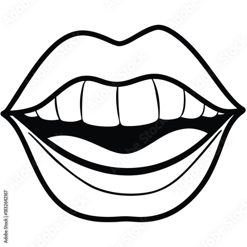 Open cartoon mouth showing teeth and gums in black and white line art