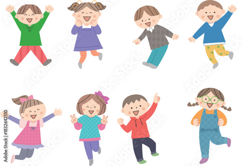 ジャンプする子供たちのイラストセット