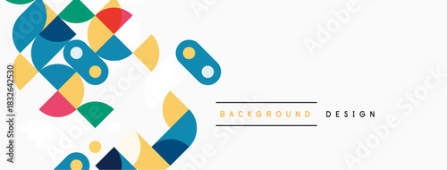 Abstract geometric shapes overlap, creating vibrant background. Colors include blue, yellow, pink, green. Minimalist design elements present.