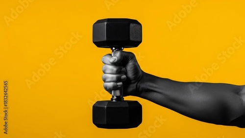 Close-up of Hand Gripping a Black Hexagonal Dumbbell Against Yellow Background