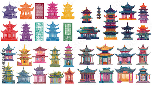 Vibrant artistic illustrations of Asian pagodas and temple buildings in diverse colors and styles, ideal for cultural themes, travel concepts, and architectural design projects.
