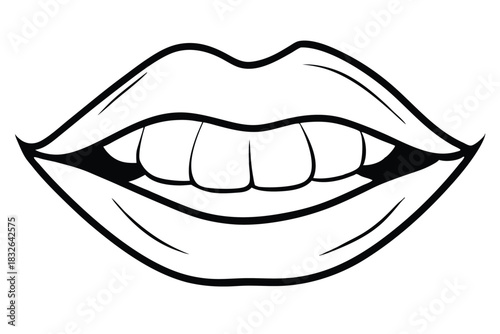 Black line art displays open lips revealing teeth on a white backdrop