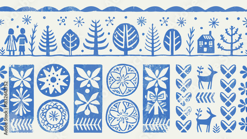 Charming folk art pattern with deer, floral motifs, and winter trees for festive projects and crafts design