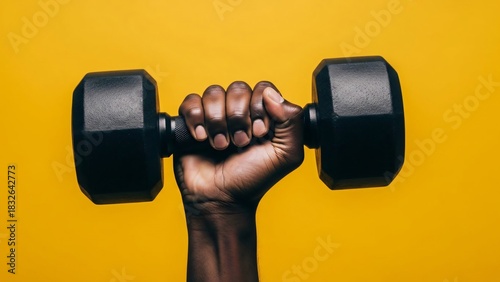 Strong Hand Gripping Black Hexagonal Dumbbell Against Bright Yellow Background