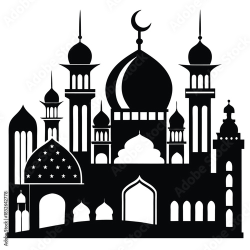 Silhouette illustration features a beautiful mosque complete with towers, domes, crescent moon on the top