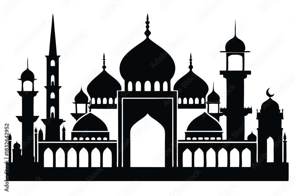 Fototapeta premium Black silhouette depicts an intricate mosque structure against white backdrop, showcasing complex architecture