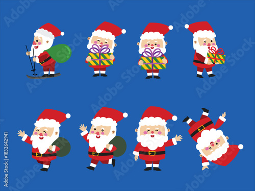 Santa Claus in Dynamic Action Poses Including Skiing and Gift Giving. Ideal for concepts of celebration, holiday fun, winter activity, Santa character design, and joyful seasonal energy