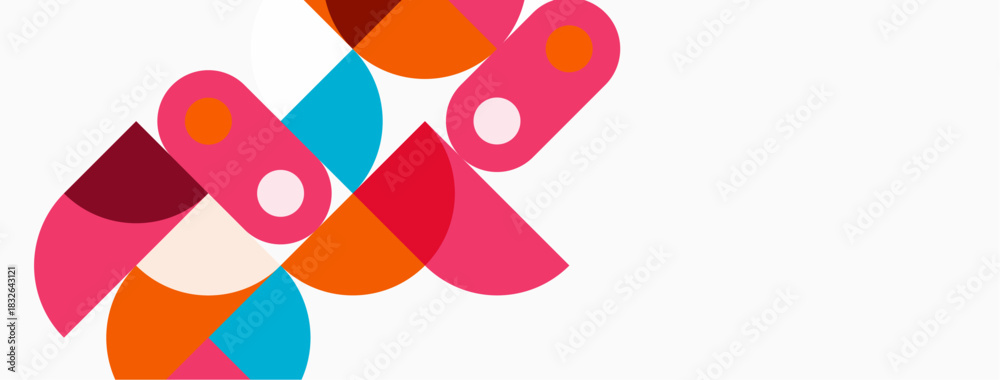 Fototapeta premium Abstract shapes overlap, creating vibrant composition. Pink, orange, teal hues dominate white background. Modern design elements present.