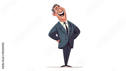 Cartoon businessman in suit laughing with hands on hips, full body, white background.