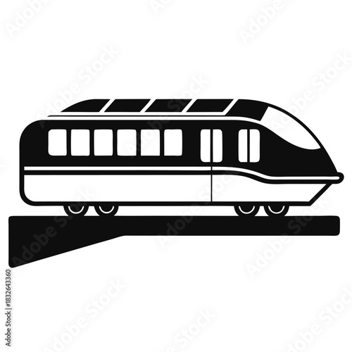 Black and white portrays a modern train silhouette on elevated tracks with streamlined design