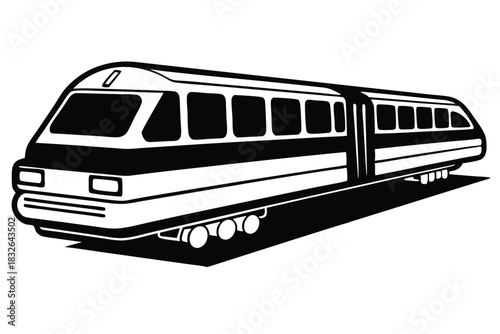 shows the black and white commuter train with passengers onboard going forward