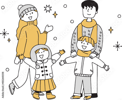 冬の楽しそうな家族単色