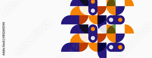 Abstract geometric shapes overlap, creating playful pattern. Purple, orange, green circles, rectangles dominate white background. Modern design.