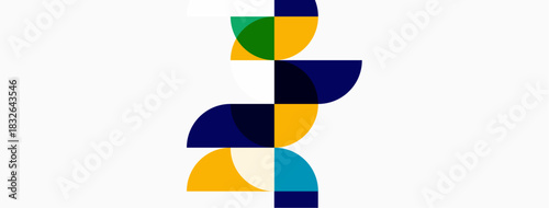 Abstract geometric design. Overlapping semicircles create bird shape. Colors include blue, green, yellow, white space. Minimalist style.