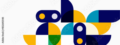 Abstract geometric shapes, vibrant colors, modern design. Composition features overlapping circles, squares, rectangles. Clean aesthetic.