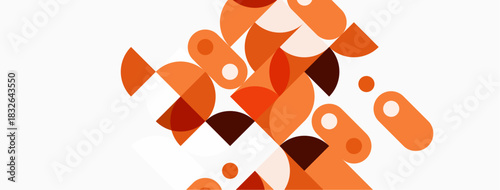 Abstract geometric shapes overlap, creating warm color palette. Composition features circles, curves, rectangles, soft gradients. Minimalist design.