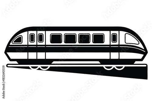 Modern train on a track speeding forward in solid black and white