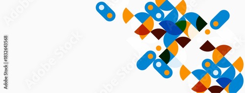 Abstract geometric shapes overlap, creating colorful pattern. Blue, orange, brown dominate neutral background. Minimalist design.