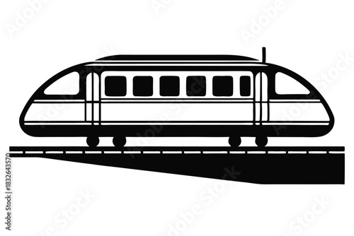 Modern train travels swiftly on a railway track in black and white style