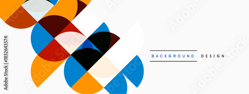 Abstract geometric shapes overlap, creating dynamic visual interest. Orange, blue, black, gray tones dominate composition. Minimalist design.