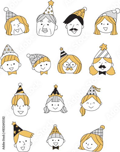 パーティーを楽しむ人々の顔アイコンセット単色