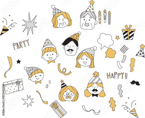 パーティーを楽しむ人々とアイコンのセット単色