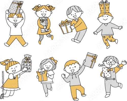 プレゼントをもらって喜ぶ子どものセット単色