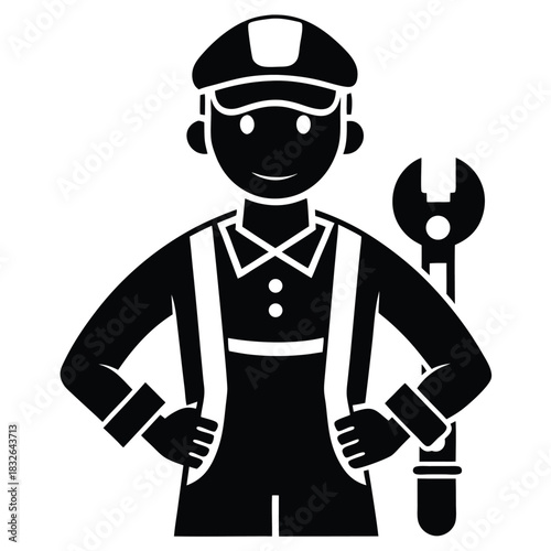 Confident repairman in overalls stands ready beside a large wrench symbol icon