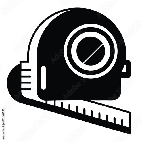 Black and white illustration showing the tape measure with scaled measurement lines displayed outward