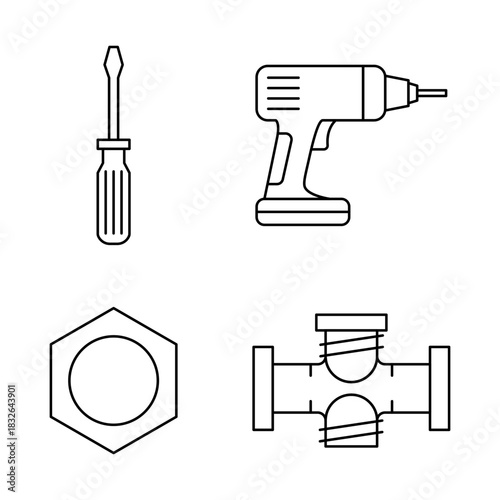 Construction Tools EPS Detailed Line Art of Screwdriver, Drill, Nut, and Pipe Fitting for Building Projects and DIY Enthusiasts