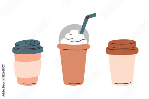 Vector illustration in flat cartoon style with disposable cup set for coffee, cocktails and cold drinks icon collection, lids and straw, beverage packaging concept for food projects and branding