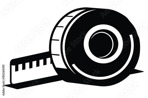 Black and white tape measure tool displays circular form and length markings plainly