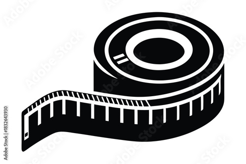 Black and white silhouette showcases a rolledup measuring tape with clear markings and dimensions