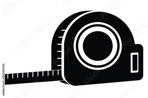 A black measuring tape tool is partly extended, showing incremental measurement markings for distance estimation