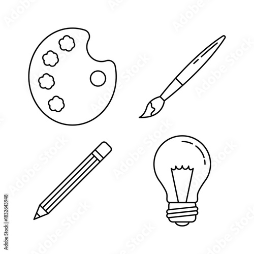Creative Toolkit Palette, Brush, Pencil, and Light Bulb - Exploring Artistic Vision in a Vector Illustration Design
