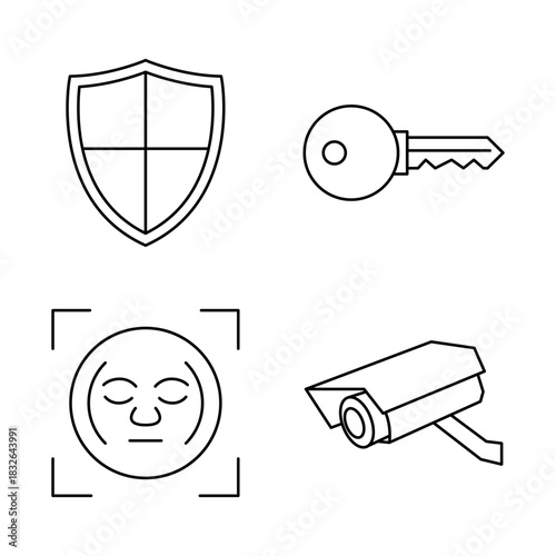 Data Safety Shield, Key, Facial Scan, CCTV Icons EPS, Digital Security Solutions and Data Protection Visuals, Safeguarding Information