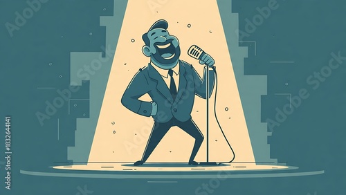 Smiling Male Comedian Performing Stand-Up Comedy on Stage Under Spotlight.