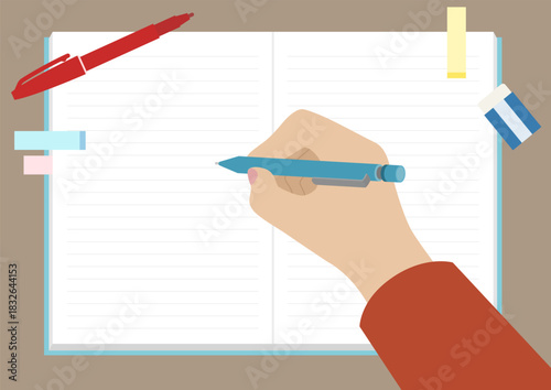 フラットイラスト：シャーペンを持つ手とノート