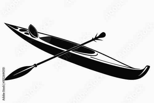 Isolated black kayak showcases an accompanying paddle for navigating waterscapes in a monochrome illustration