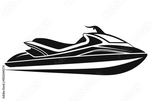 Isolated monochrome jet ski has sleek lines and curves on a white surface