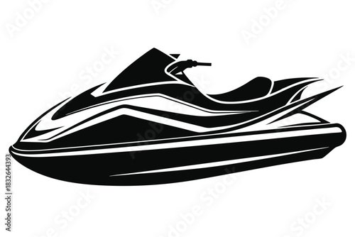 Solitary black jet ski conveys action with sporty streamlined contour on a white background
