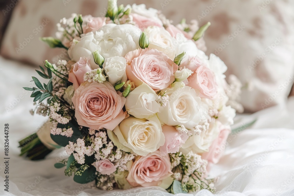 Fototapeta premium A beautifully arranged bouquet of pink and white roses, surrounded by delicate baby's breath and lush greenery, set against a soft, white background.