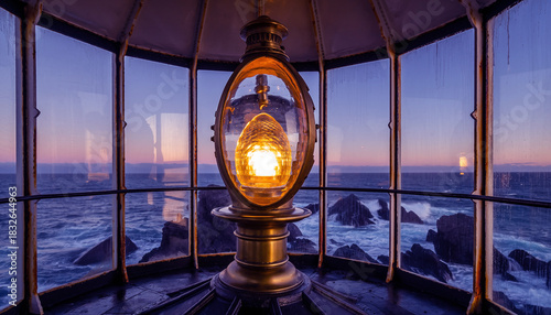 In the old lighthouse, the lantern at dusk, its silhouette framed by towering glass panels streaked with salt and sea breeze. 