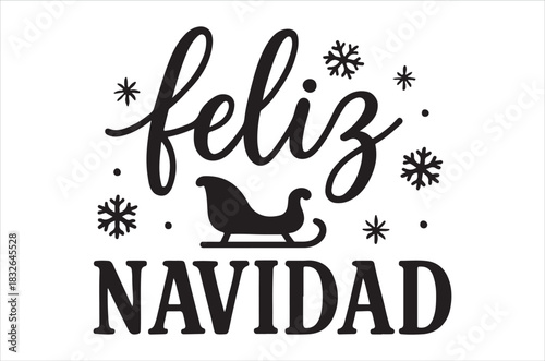 Feliz navidad greeting with a decorative sleigh and snowflake accents