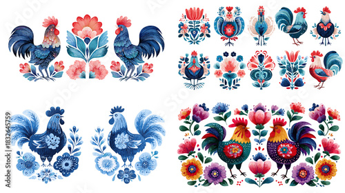 Colorful folk art roosters with decorative floral motifs, vibrant shapes, and traditional patterns ideal for cultural design, craft projects, and artistic illustration themes.