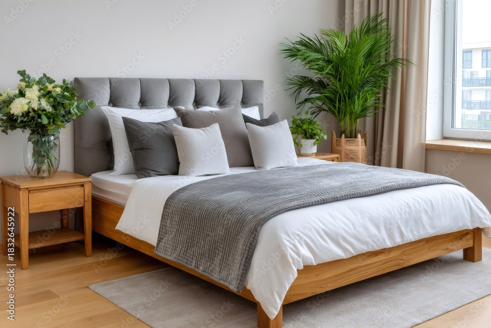 Fototapeta premium Modern bedroom interior featuring a comfortable bed framed by plants