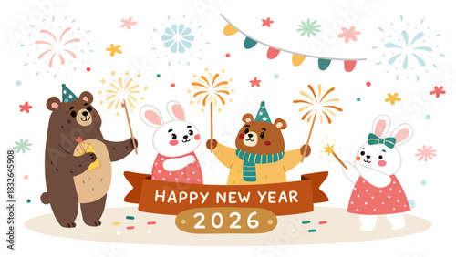 Illustration of bears and rabbits celebrating happy new year 2026 with fireworks and party hats
